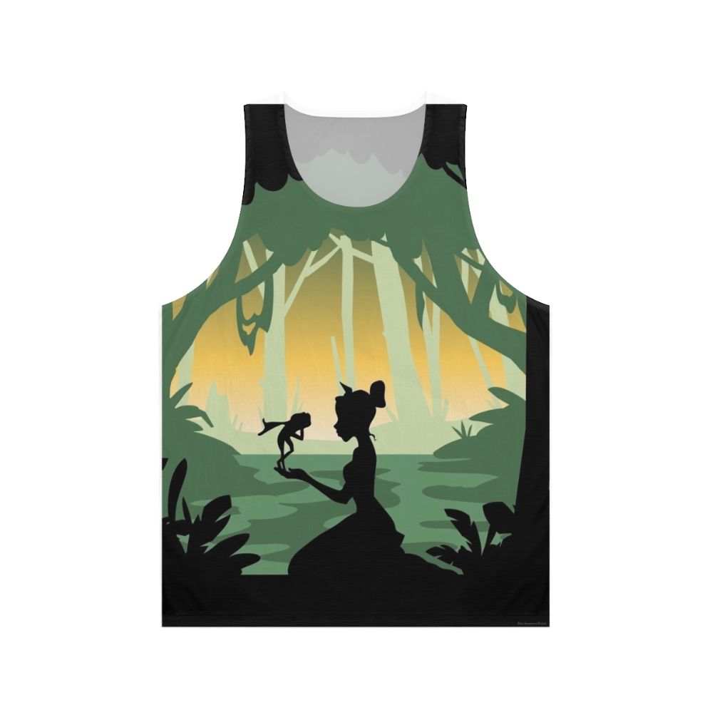 Minimal poster design of The Princess And The Frog movie on a unisex tank top