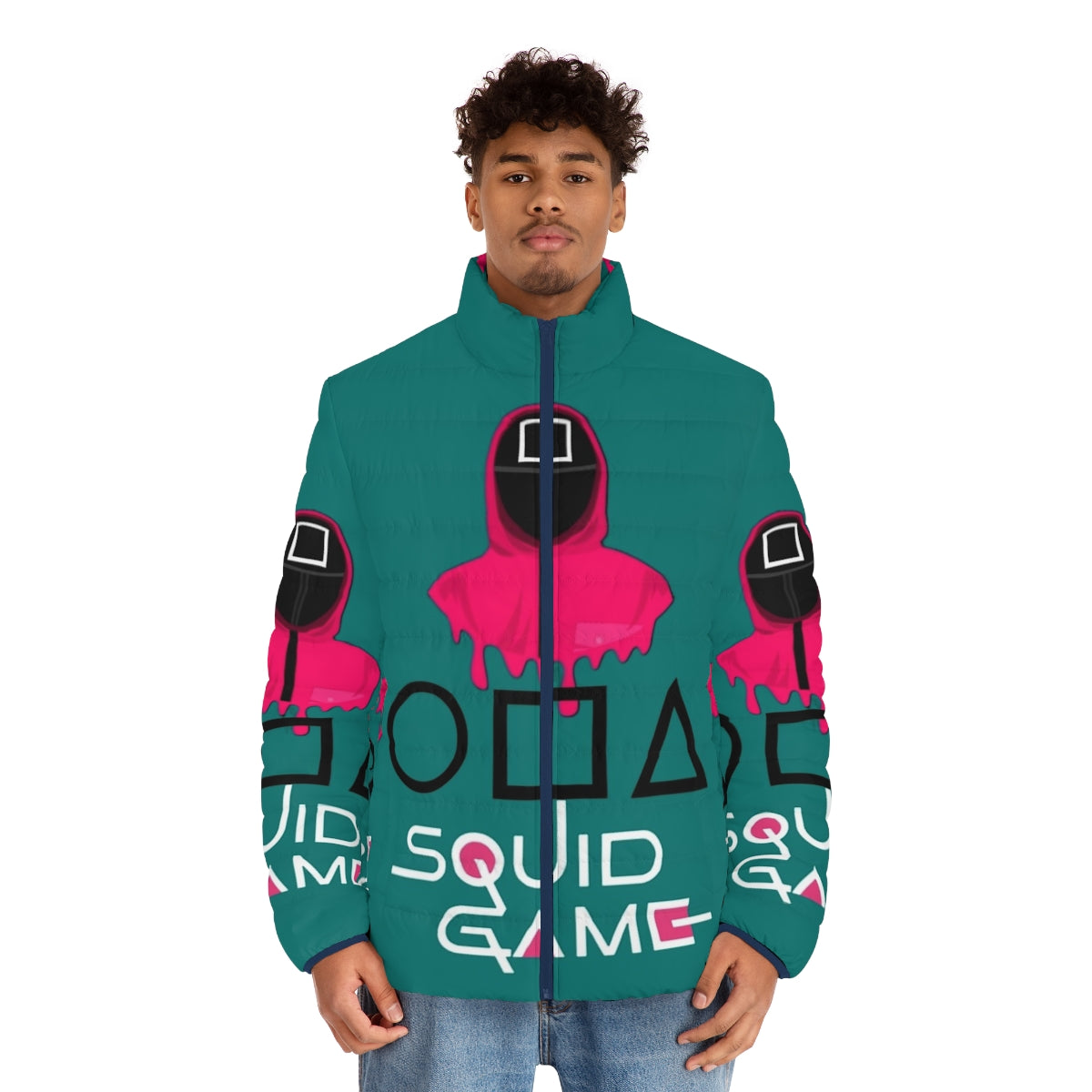 Squid Game Collection 2 Puffer Jacket with iconic symbols and colors from the Netflix series - men front