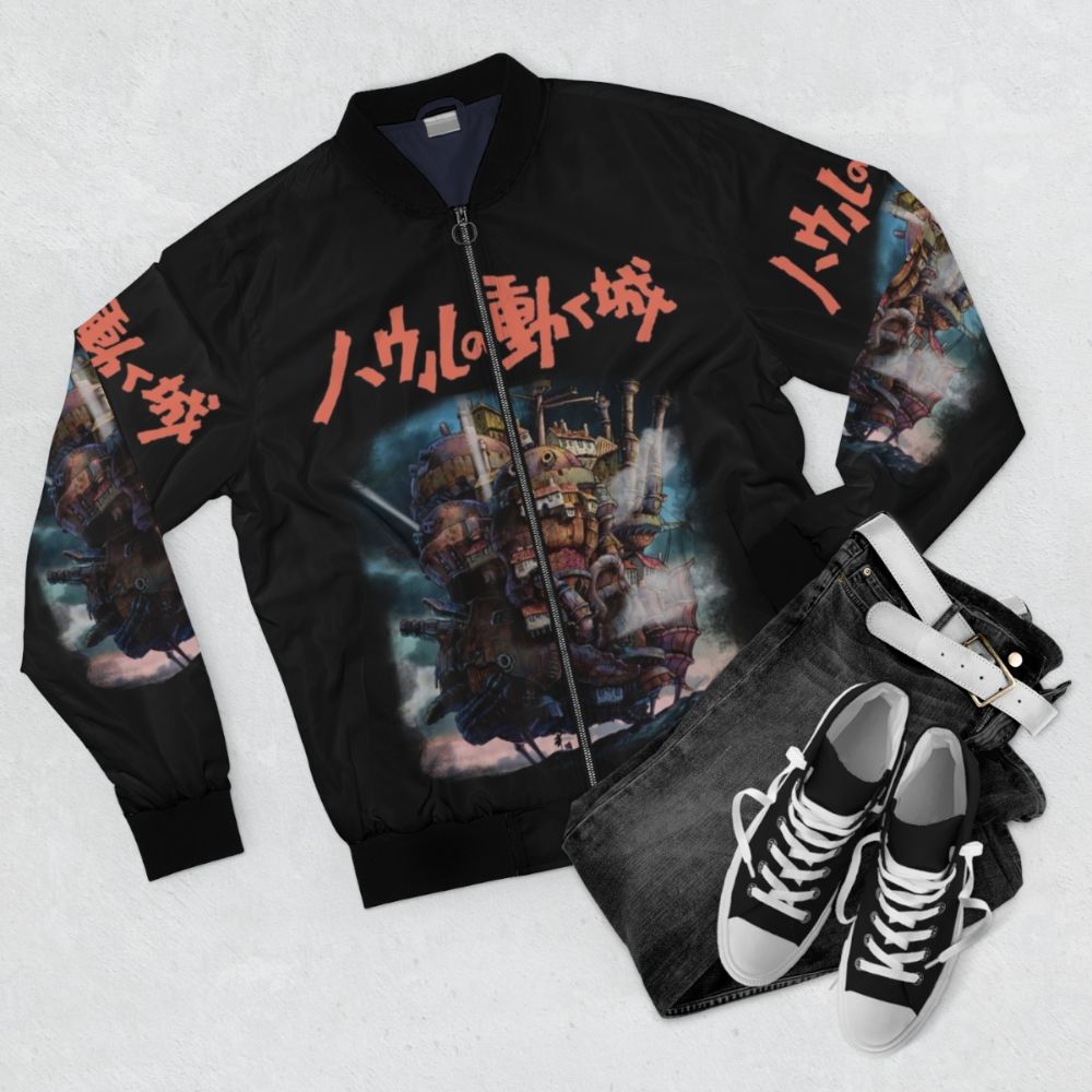 Kosmos Howls Moving Castle Anime Bomber Jacket featuring characters and designs from the popular Studio Ghibli film - Flat lay