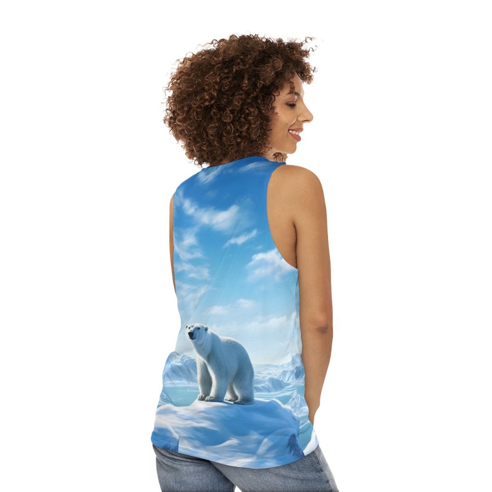 Unisex tank top featuring a breathtaking arctic landscape with a polar bear - women back