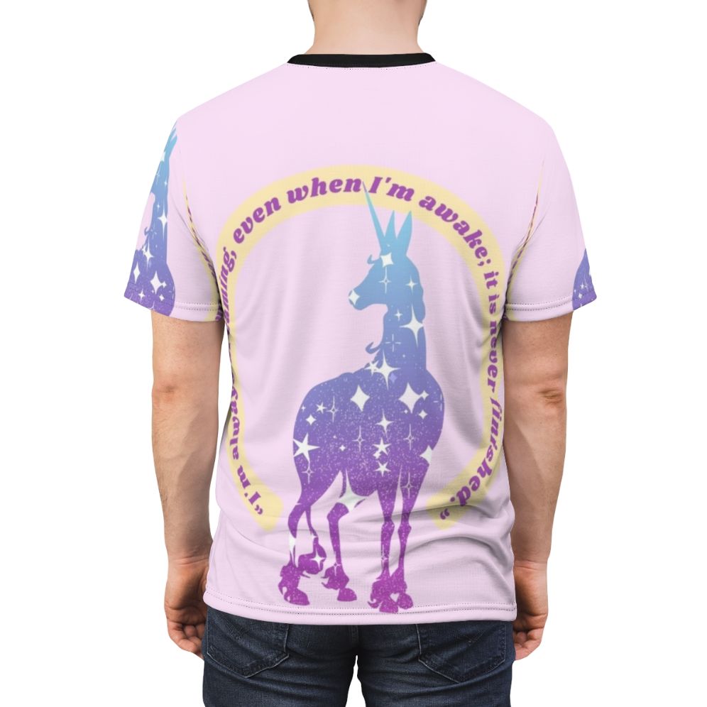 Artistic depiction of Lady Amalthea, the last unicorn, in a dreamy 80s fantasy design on a high-quality t-shirt - men back