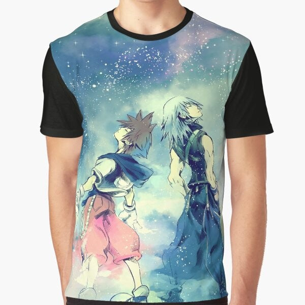 A colorful graphic t-shirt design featuring characters from the Kingdom Hearts video game series, with the text "One Sky One Destiny" and various symbols and icons.