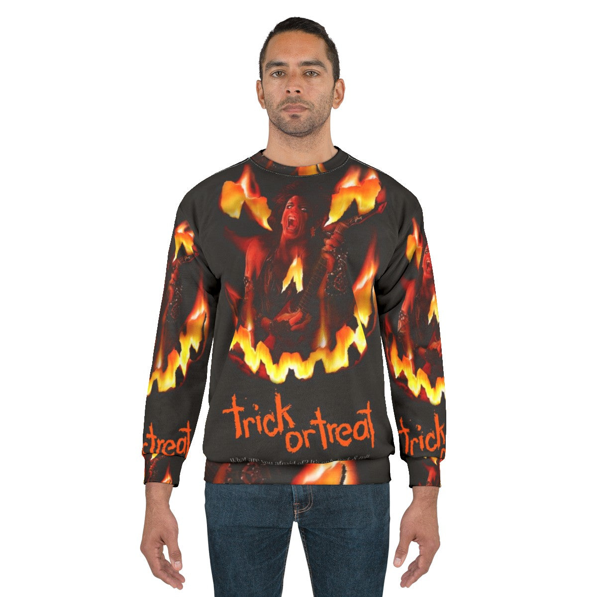 Trick or Treat Sweatshirt featuring horror movie inspired retro rock graphics - men