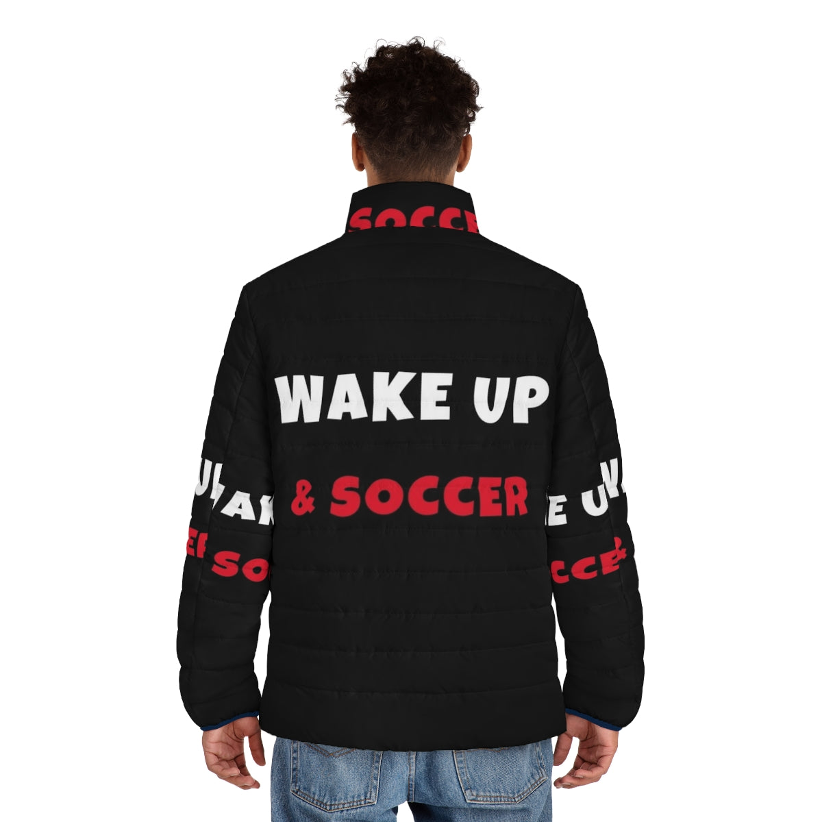 Person wearing a puffer jacket, ready to start their day with soccer and other fun activities - men back