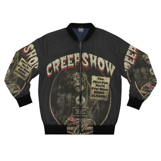 Creepshow 1982 horror movie-themed bomber jacket with skeleton, monster, and spooky design elements