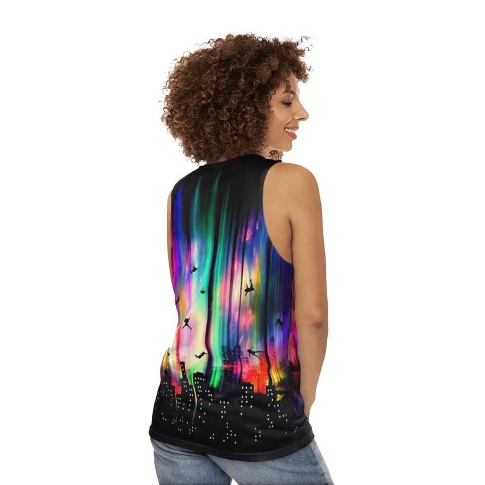 Unisex tank top with a futuristic graphic design - women back