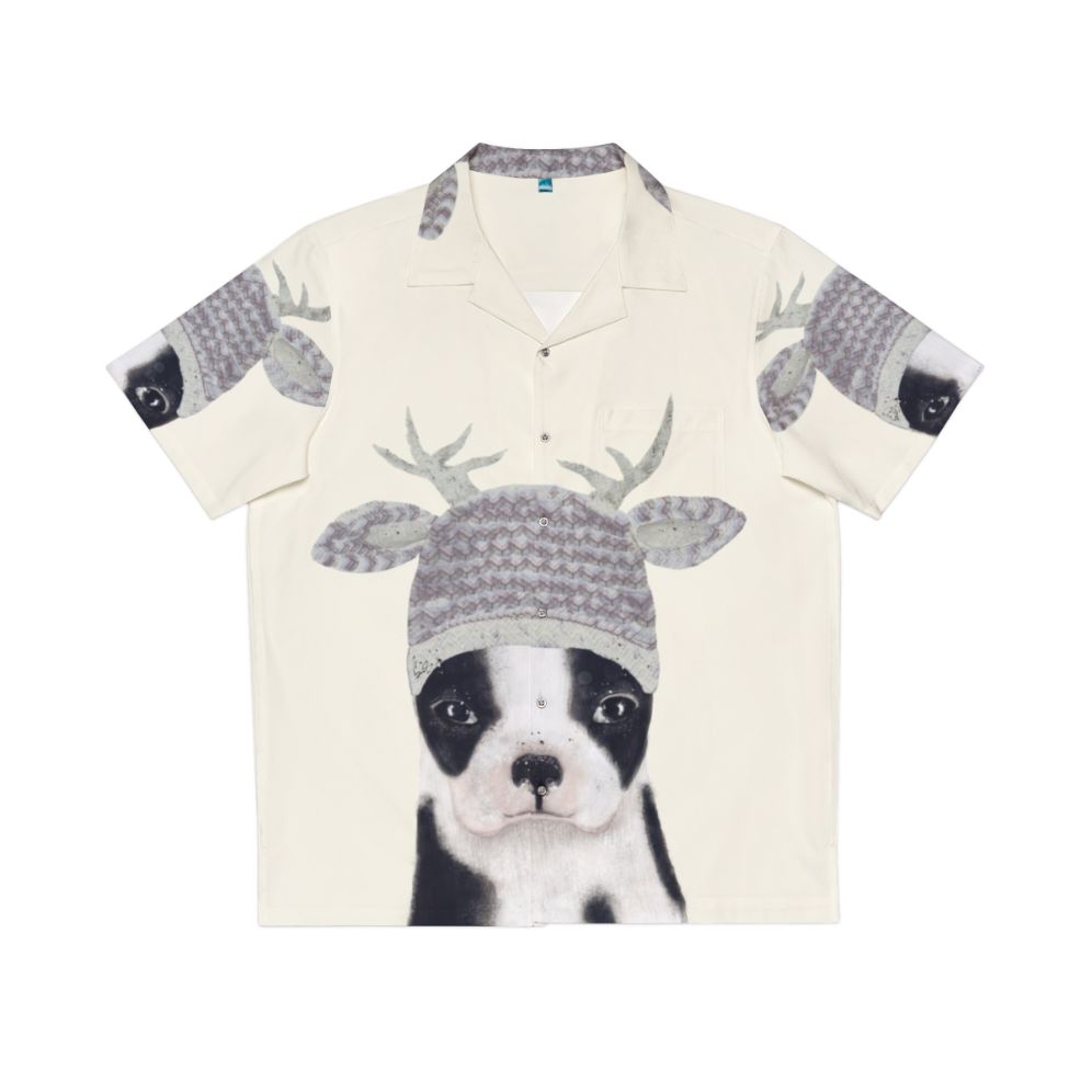 Boston Terrier wearing a Hawaiian shirt with a cute watercolor puppy illustration