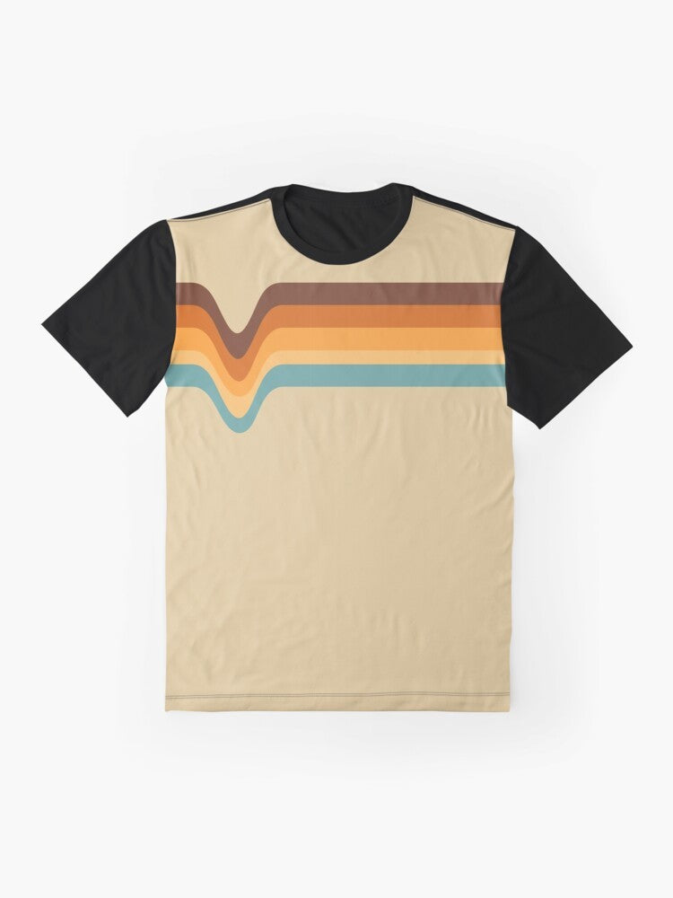 Vintage 70s style striped graphic t-shirt in orange, yellow, brown, and blue colors - Flat lay