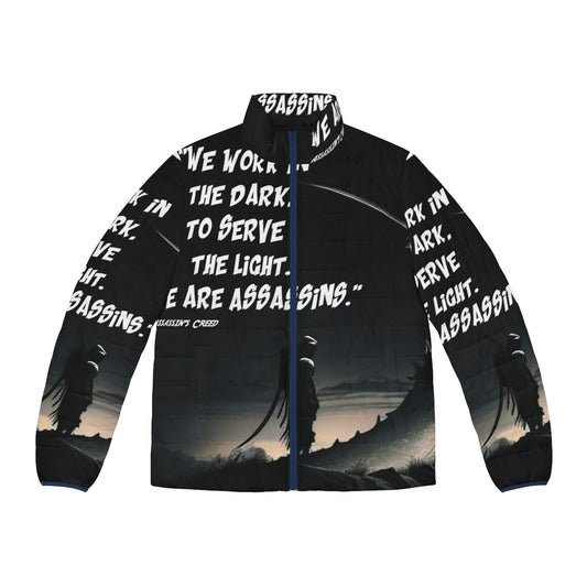 Inspirational Assassin's Creed puffer jacket with motivational quotes