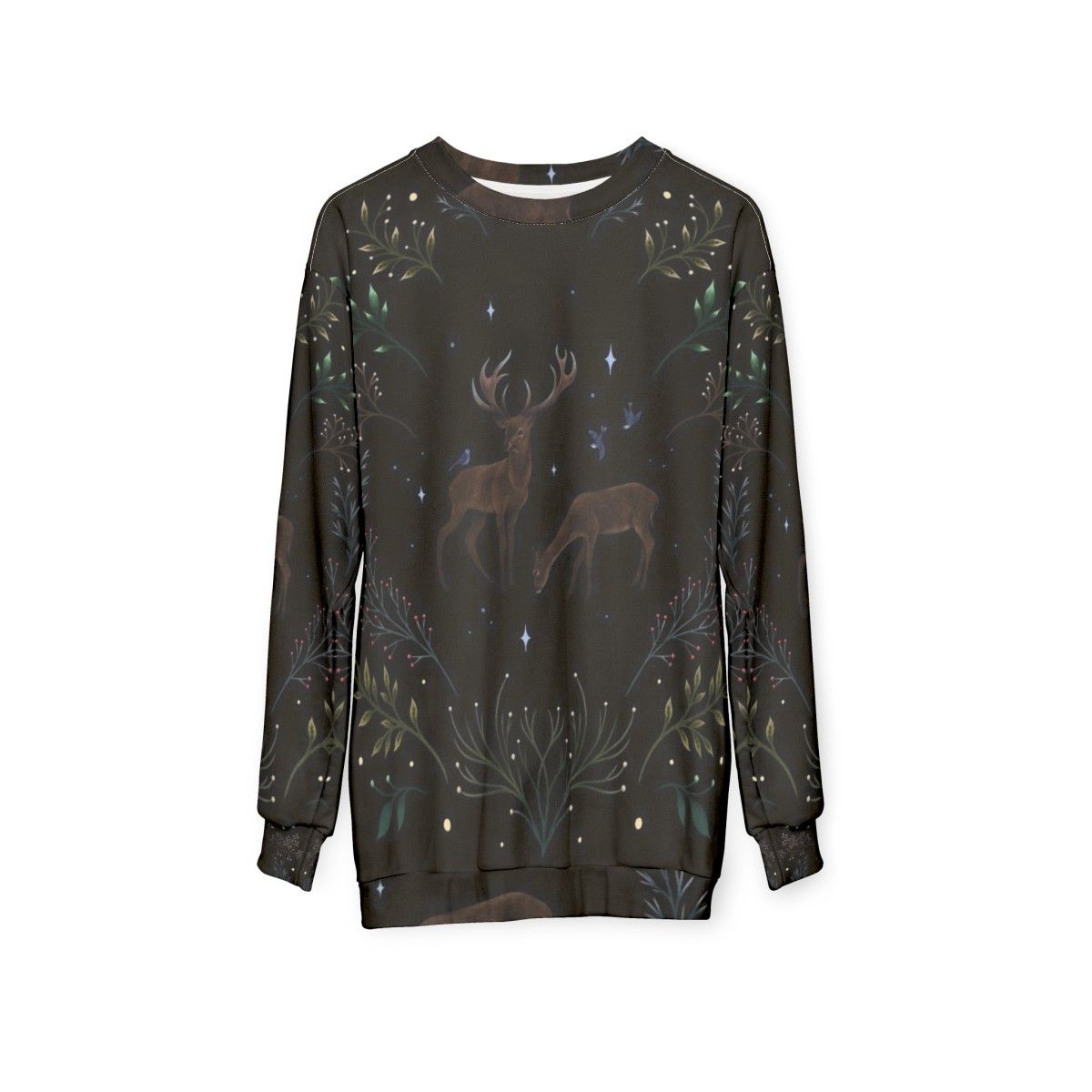 Deer in the Moonlight Sweatshirt - Enchanting Woodland and Winter Design - hanging