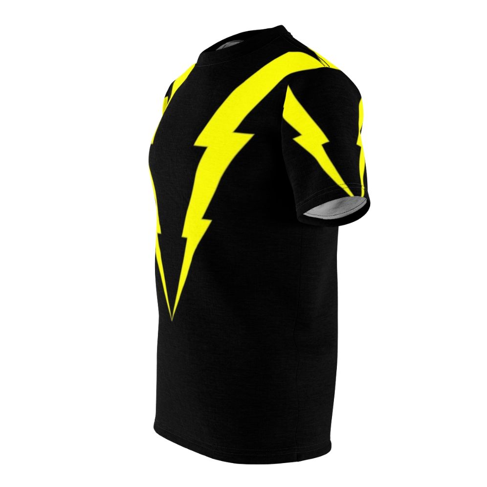 Electrifying lightning bolt design on a t-shirt for superhero and sci-fi fans. - men left