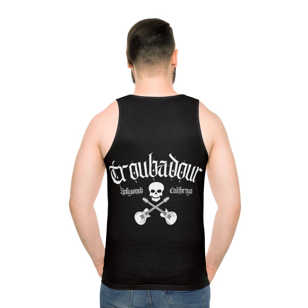 Unisex Troubadour rock band tank top with skull art design - men back