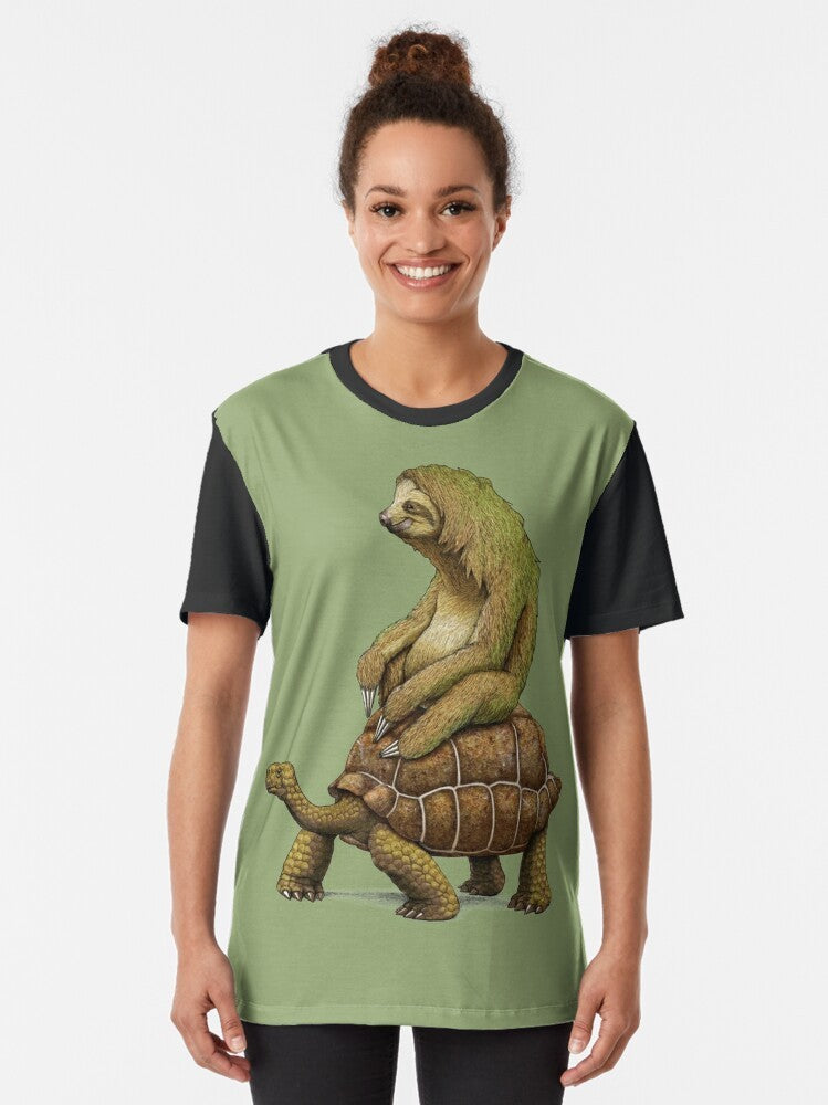 A graphic t-shirt design featuring a sloth riding a turtle, with the text "Speed is Relative". - Women