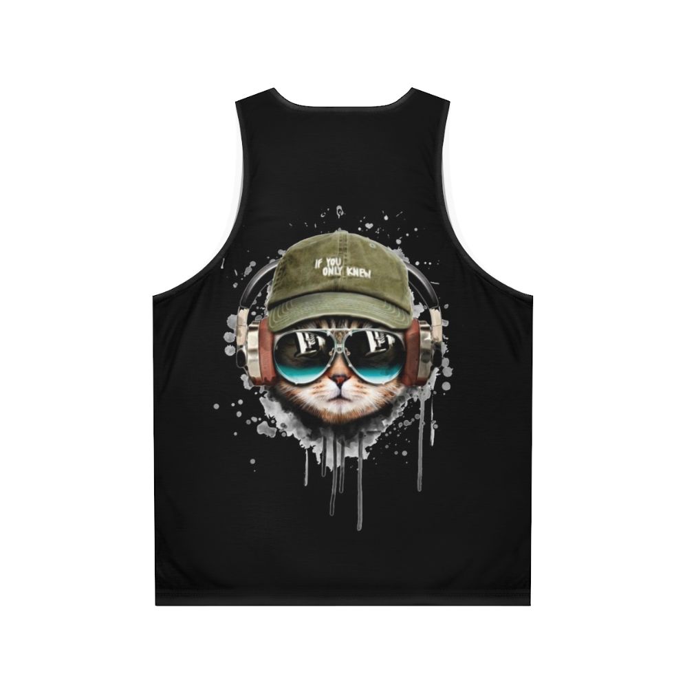 DJ Cat Unisex Tank Top with Headphones and Sunglasses - Back