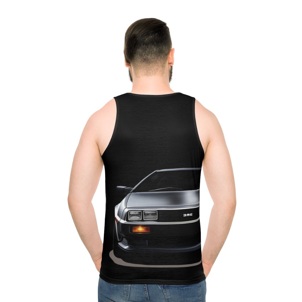 Delorean unisex tank top with futuristic car design - men back