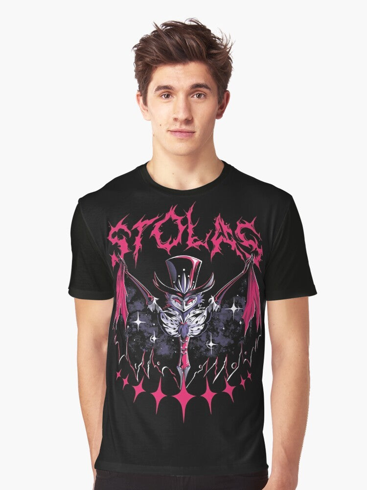 Stolas, the owl demon from the Hazbin Hotel animated series, featured on a graphic t-shirt design. - Men