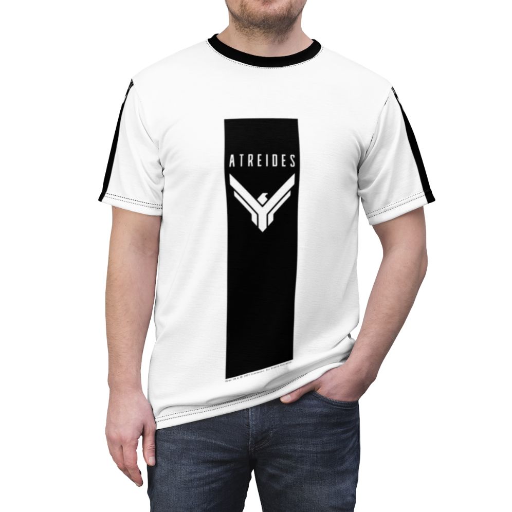 Transparent black t-shirt with Dune House Atreides banner design - men front