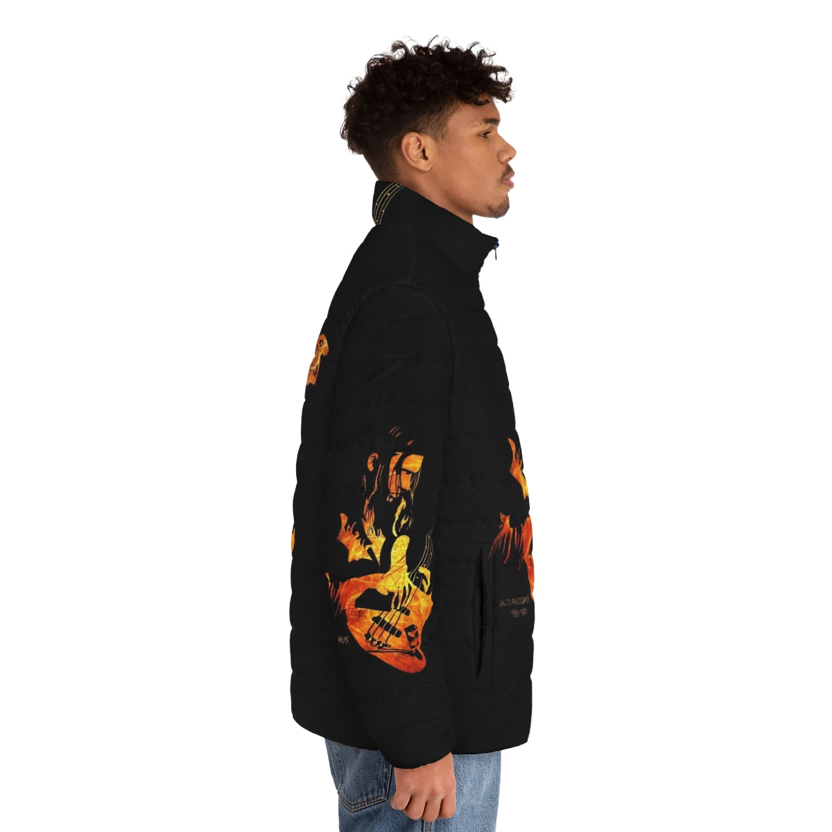 Jaco Pastorius Tribute Puffer Jacket featuring the iconic jazz bass legend - men side right