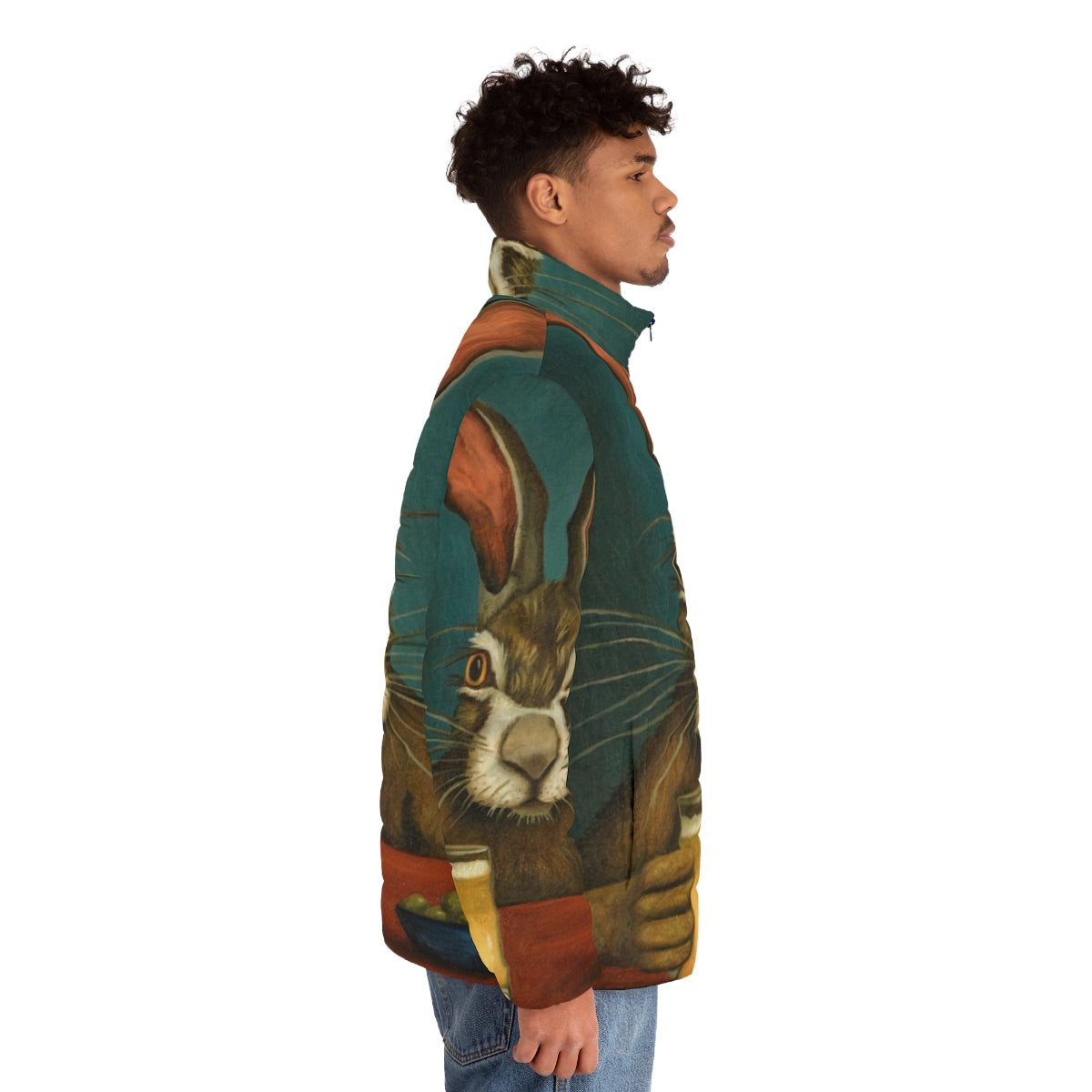 Puffer jacket with a bunny hopping design for a playful, humorous look - men side right