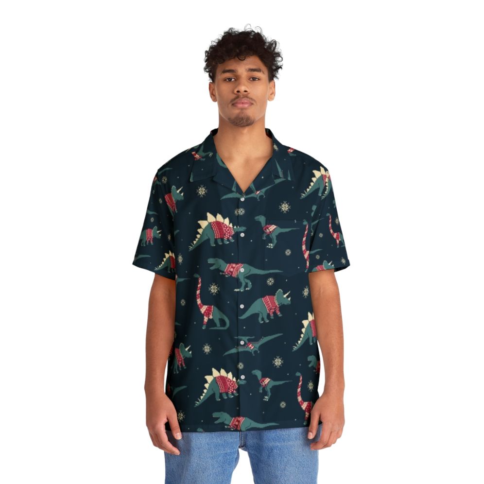 Festive dinosaur print Hawaiian shirt with cute dino sweater design - People Front