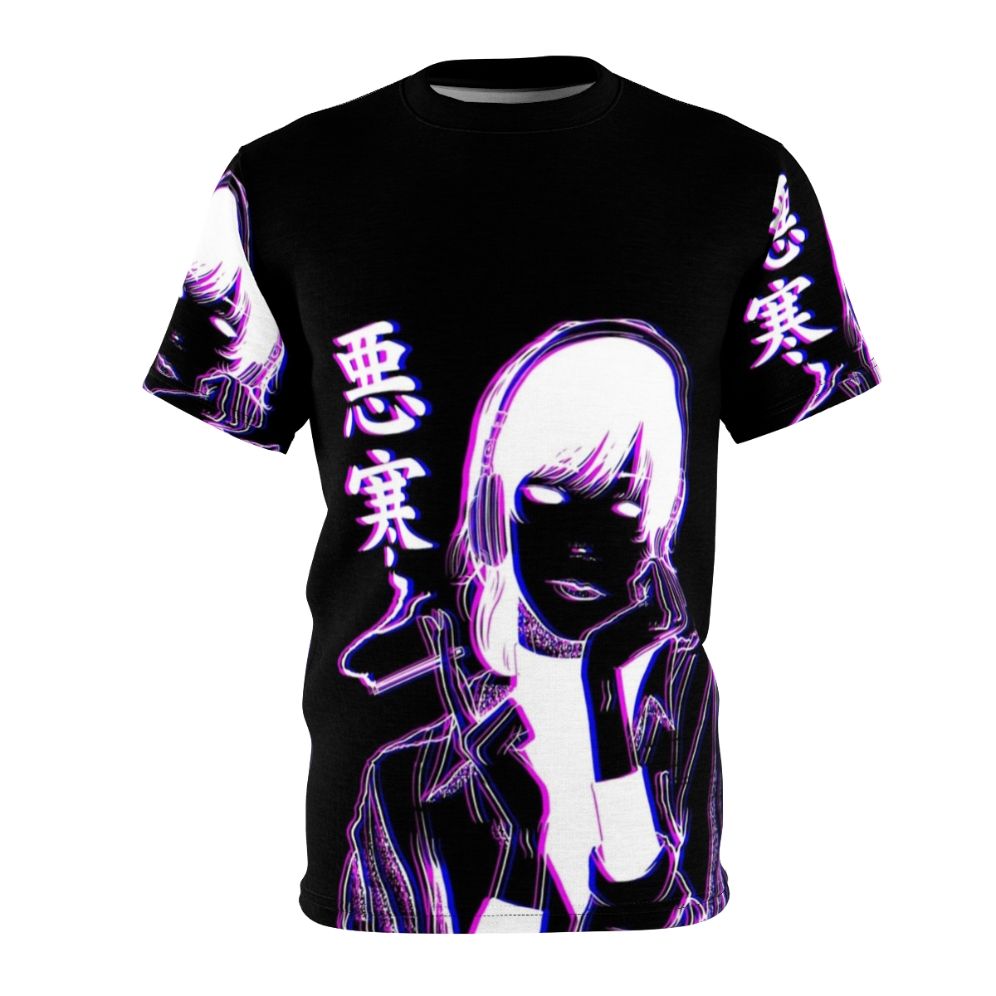 Chill glitch aesthetic t-shirt featuring lofi vaporwave-inspired design with anime girl and music elements.