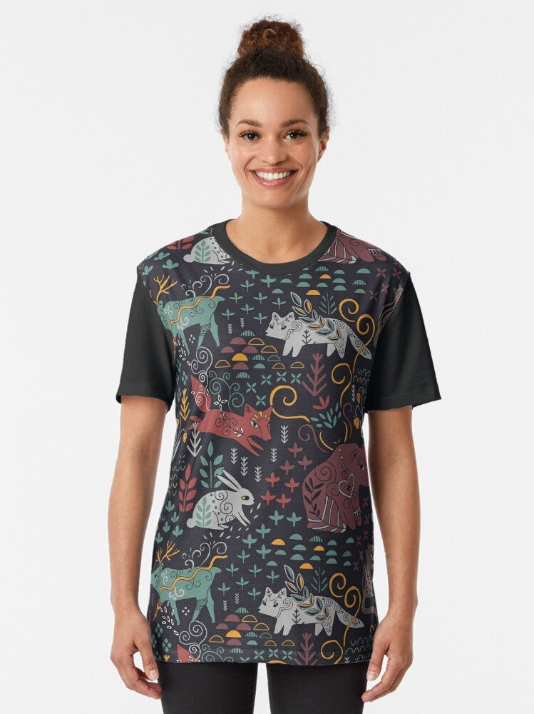 Graphic t-shirt featuring hand-drawn illustrations of Siberian wildlife including bear, deer, rabbit, fox, chipmunk, and sable. - Women