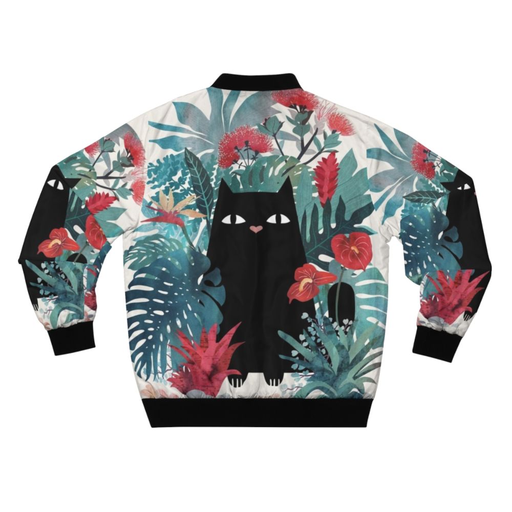 Popoki Black Cat Tropical Floral Bomber Jacket - Back