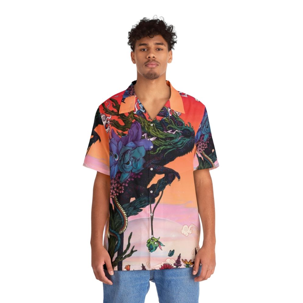 Phantasmagoria Hawaiian Shirt with surreal, psychedelic nature-inspired design featuring chameleon, flowers, and sunset colors. - People Front