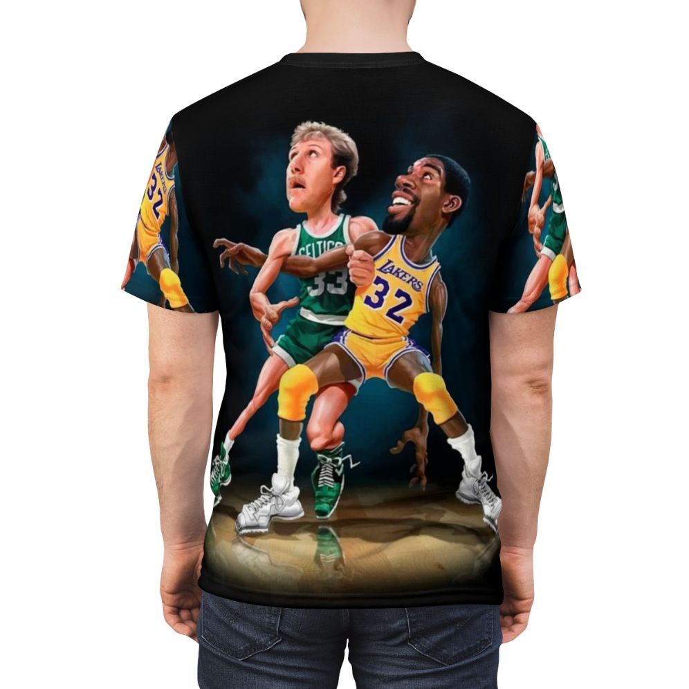 Basketball players in action on an all-over-print t-shirt - men back