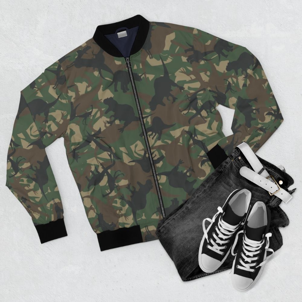 Camouflage dinosaur military-style bomber jacket - Flat lay