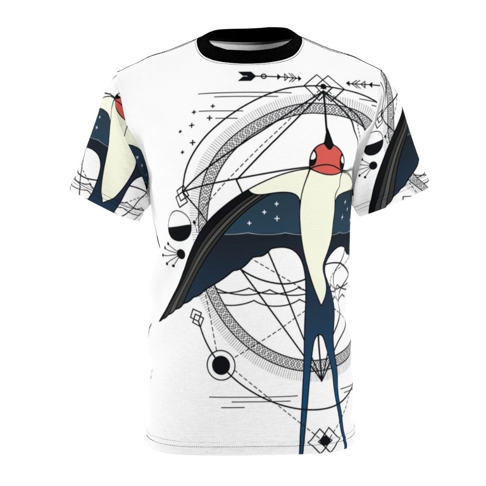 Geometric swallow bird design on a high-quality t-shirt, featuring modern abstract artwork with lineart and inked elements.