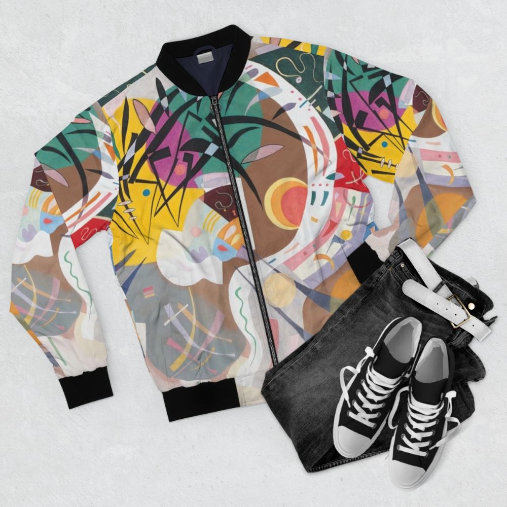 Wassily Kandinsky-inspired abstract and colorful bomber jacket - Flat lay