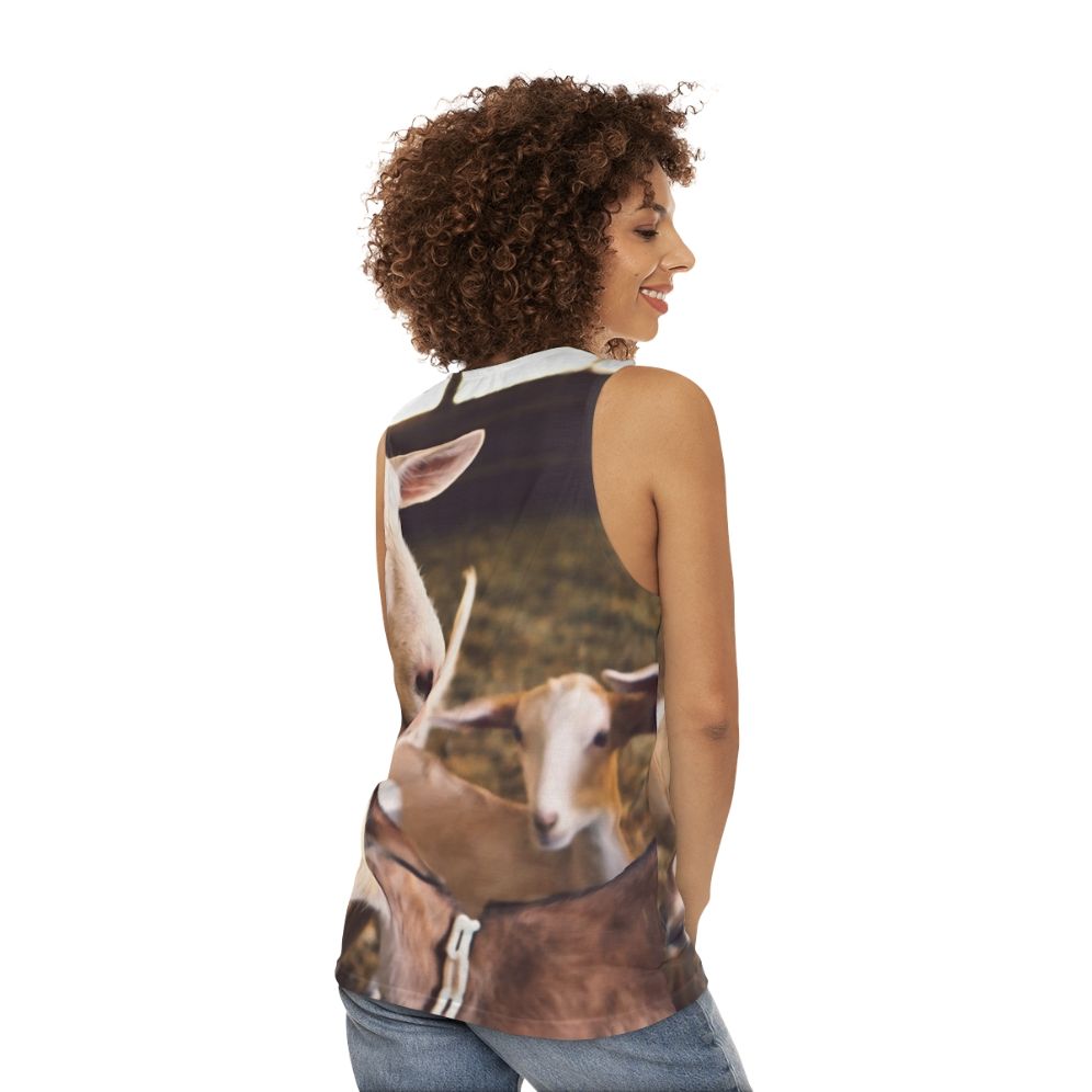 Unisex tank top with goats and sheep farm animals - women back