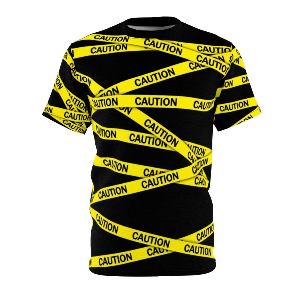 Bright yellow t-shirt with caution tape inspired design, warning and attention graphic