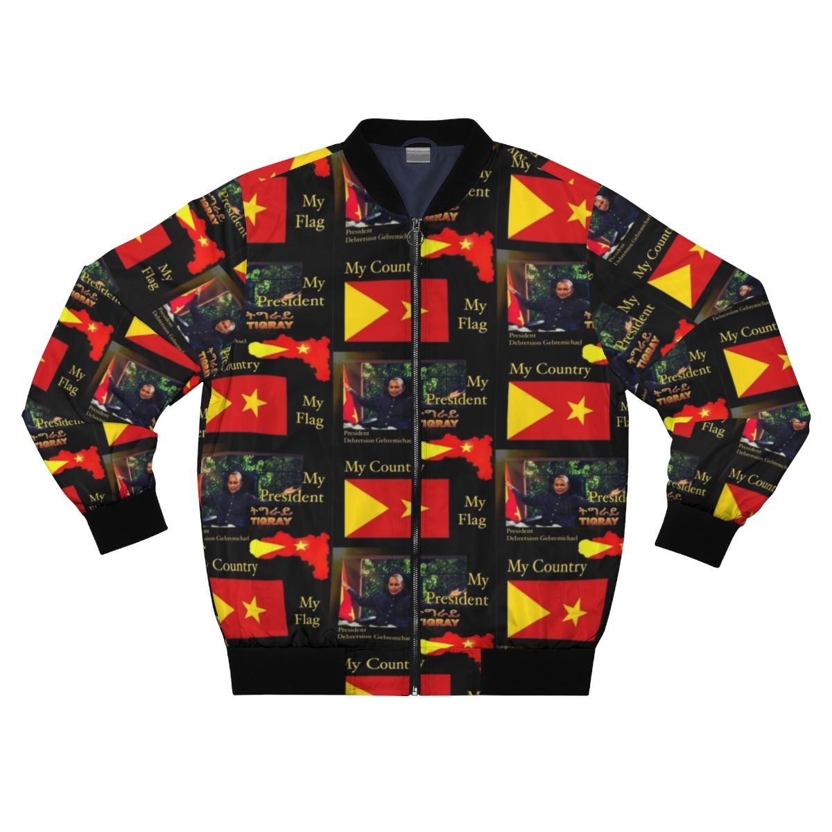 Tigray Pride Bomber Jacket featuring the Tigray flag and portrait of Debretsion Gebremichael