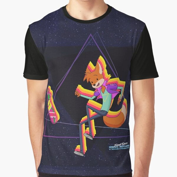 Graphic t-shirt design featuring Marty the fox falling through the air