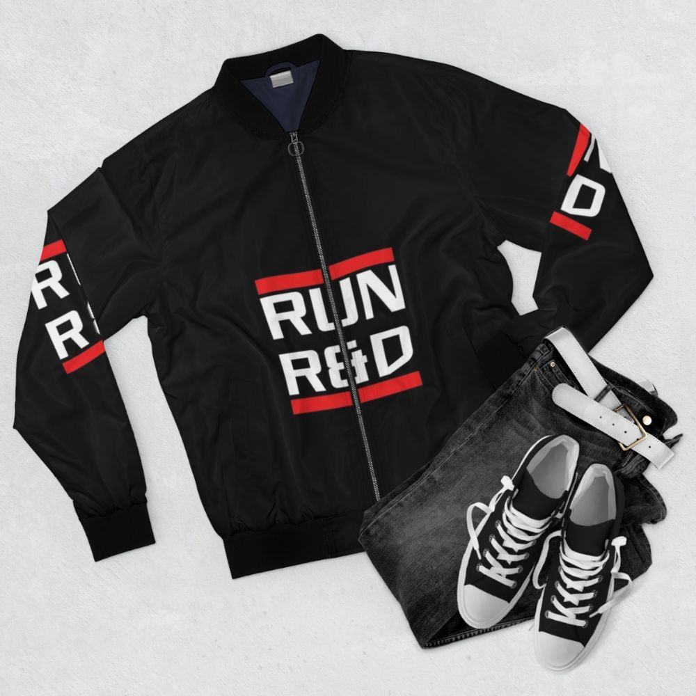 Cyberpunk-inspired Netrunner R&D bomber jacket for tech enthusiasts - Flat lay