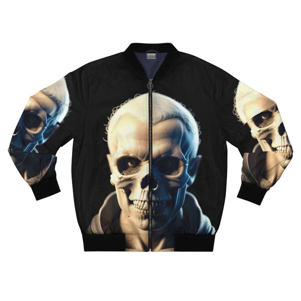 A stylish bomber jacket featuring a skull character portrait design