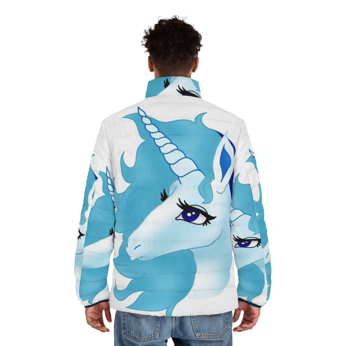 Model wearing a cozy puffer jacket with a magical "The Last Unicorn" design - men back