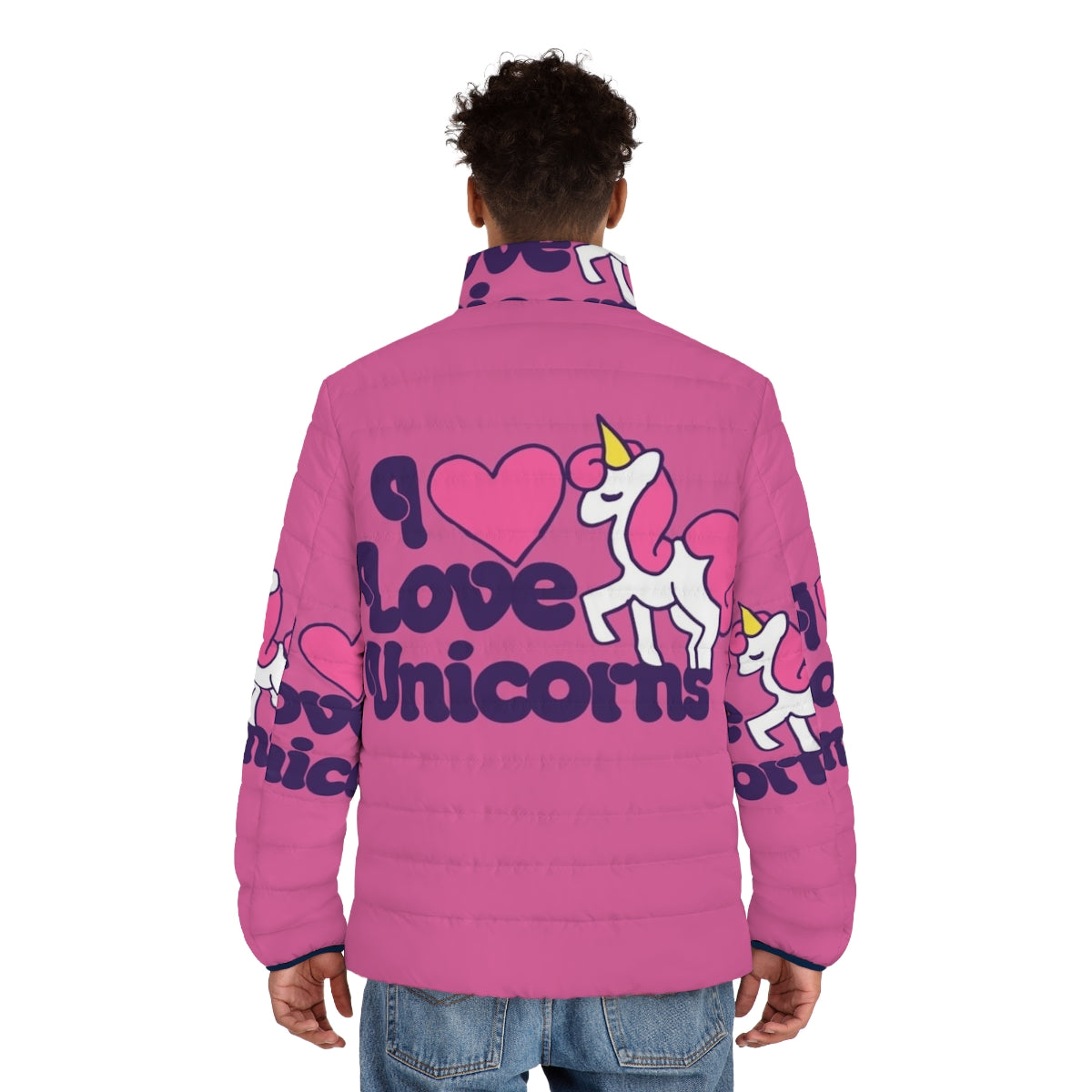 Vibrant puffer jacket featuring a colorful unicorn graphic design - men back