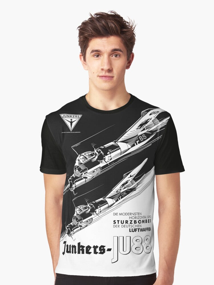 A graphic t-shirt featuring the iconic JU-88 bomber aircraft from World War 2, representing the German air force and military history. - Men