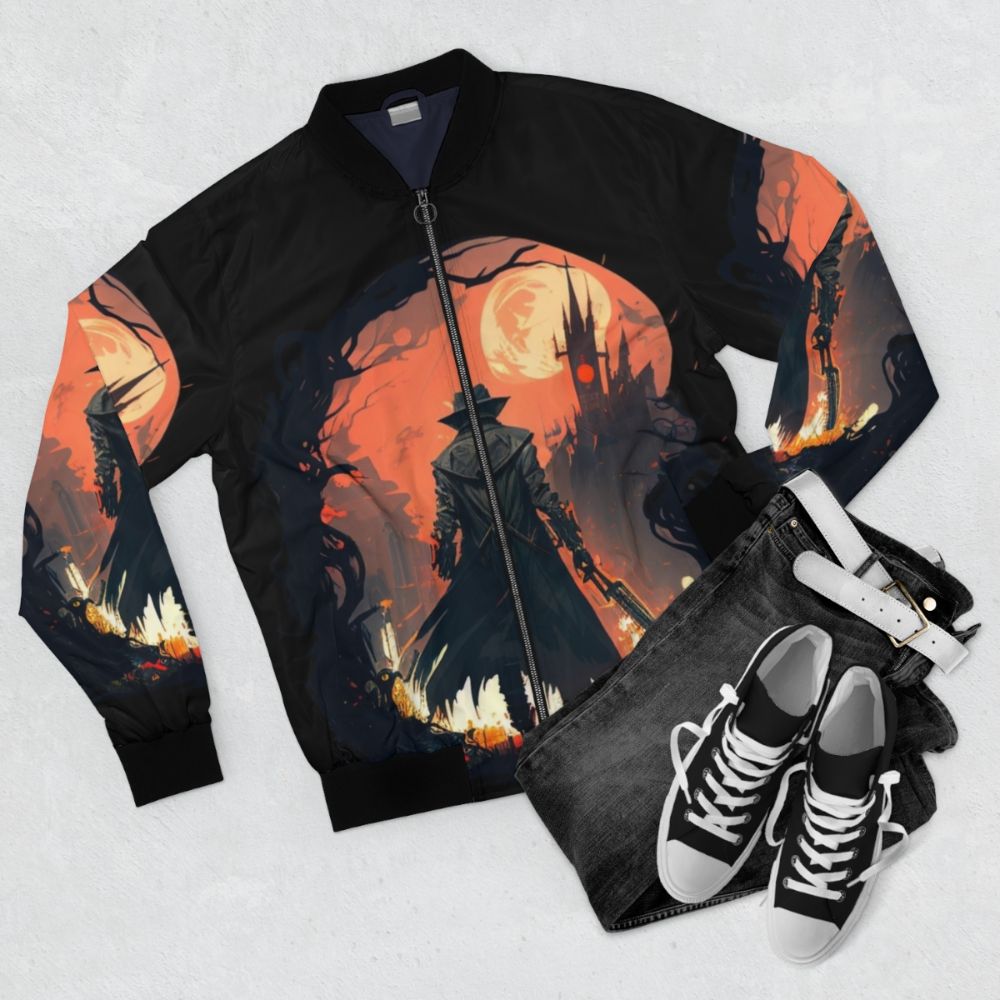 Bloodborne hunter eldritch horror bomber jacket with fiery, gothic design - Flat lay