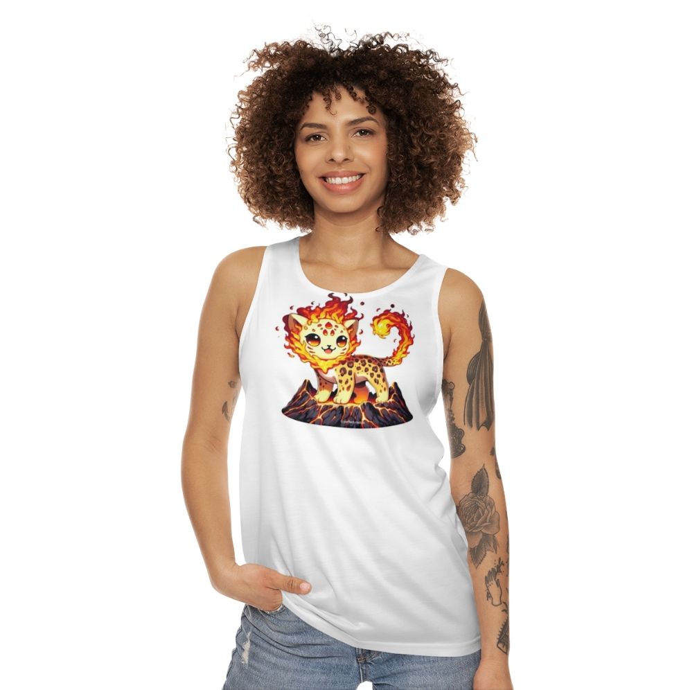 Unisex tank top with a graphic design of a legendary lava leopard - women