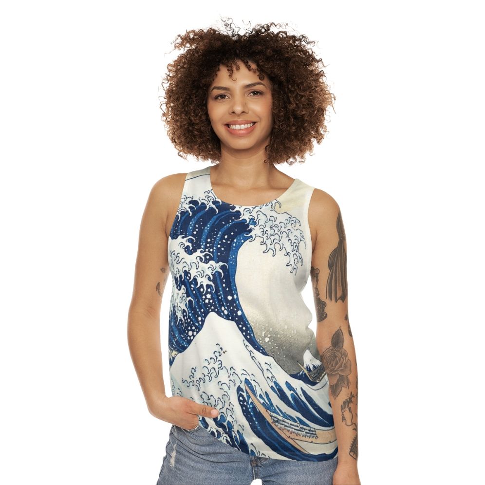 Hokusai's famous The Great Wave Off Kanagawa artwork printed on a unisex tank top - women