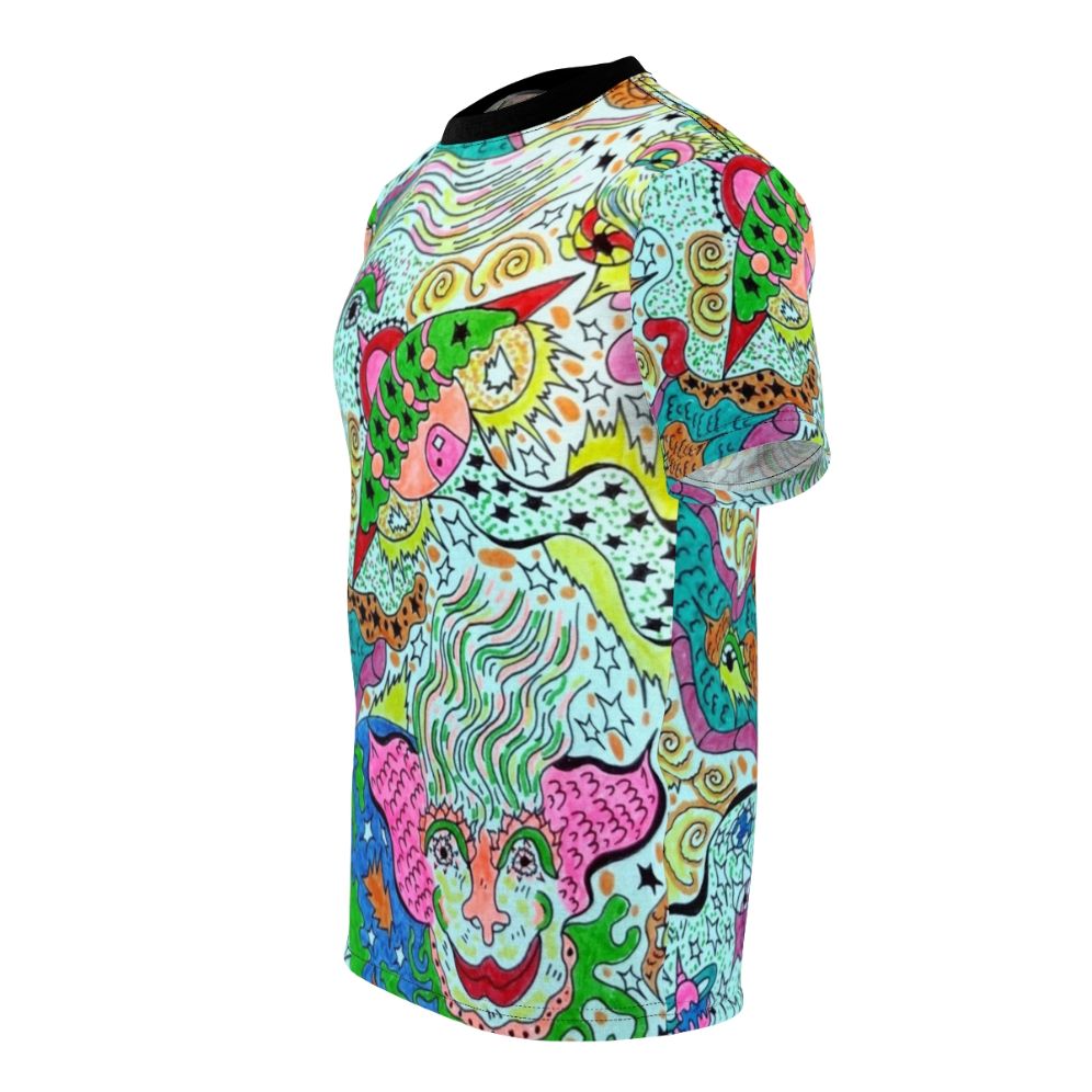 Psychedelic abstract art t-shirt with celestial, cosmic design - men left