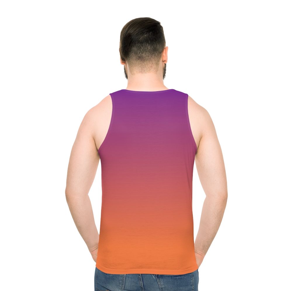 Vibrant orange and purple gradient unisex tank top - men back