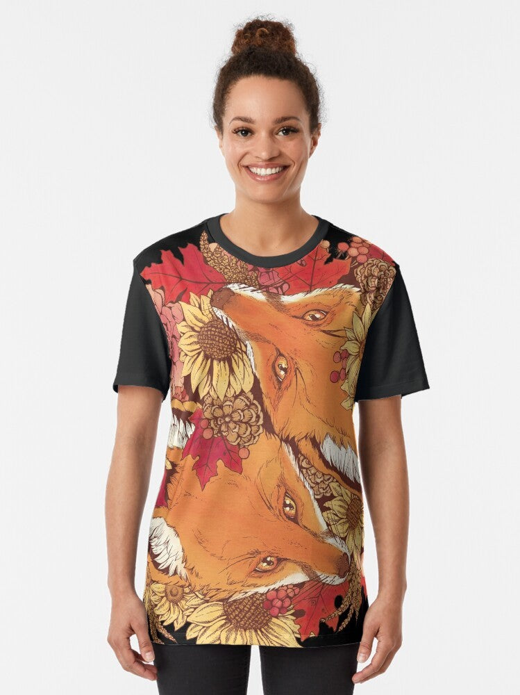 Autumn fox graphic design with sunflowers and fall leaves - Women