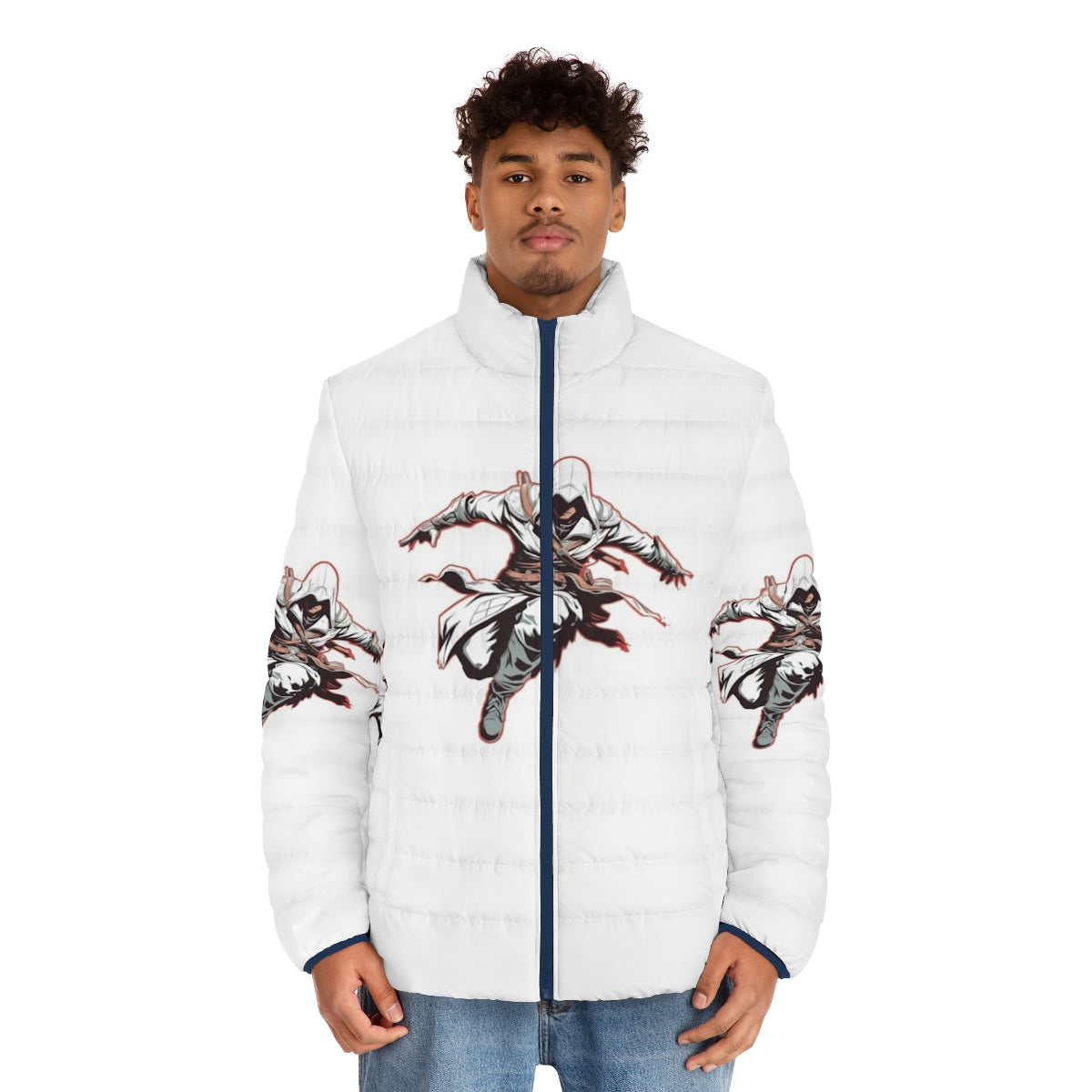 Assassins Creed "Requiescat In Pace" puffer jacket featuring AC fan art design - men front