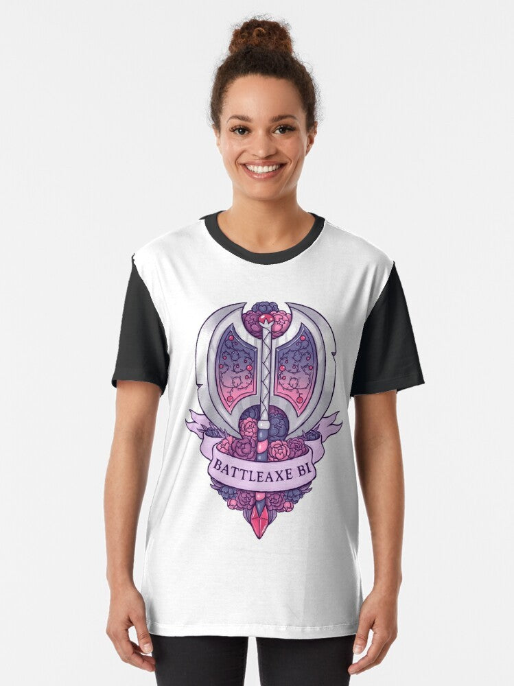 Bisexual battle axe with floral design graphic t-shirt - Women