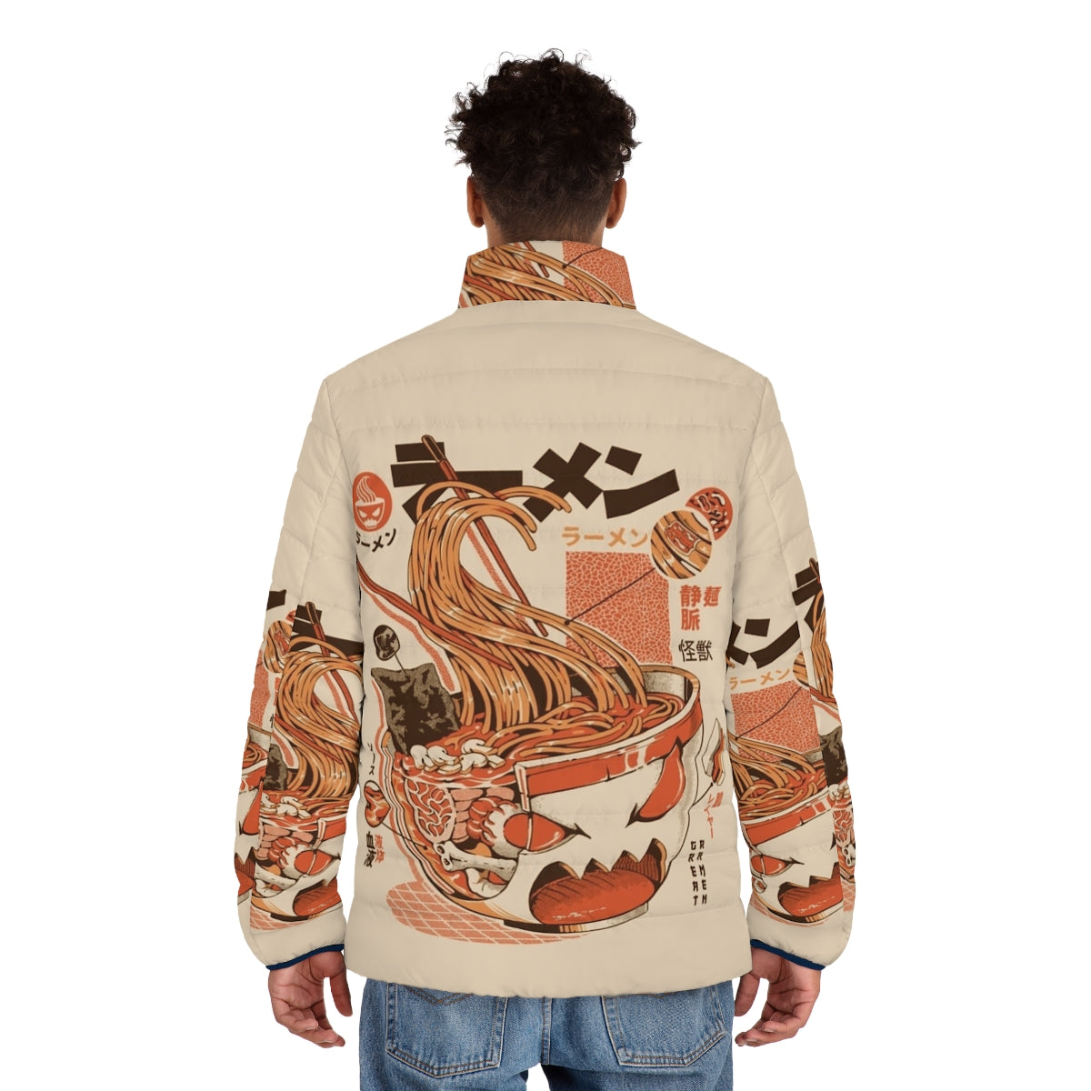 X-ray puffer jacket with ramen and kaiju monster design - men back